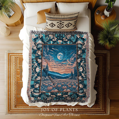 Rustic Autumn Pumpkin Patch Tapestry | Cute Spooky Boho Halloween Decor Whimsigoth Fall Aesthetic Throw Blanket Dark Academia Moody Occult |