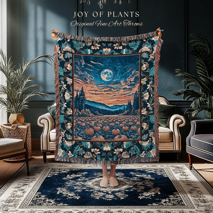 Rustic Autumn Pumpkin Patch Tapestry | Cute Spooky Boho Halloween Decor Whimsigoth Fall Aesthetic Throw Blanket Dark Academia Moody Occult |