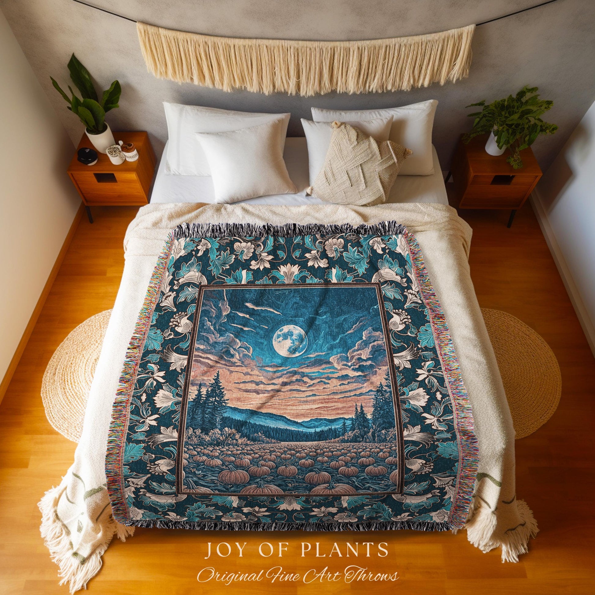Rustic Autumn Pumpkin Patch Tapestry | Cute Spooky Boho Halloween Decor Whimsigoth Fall Aesthetic Throw Blanket Dark Academia Moody Occult |