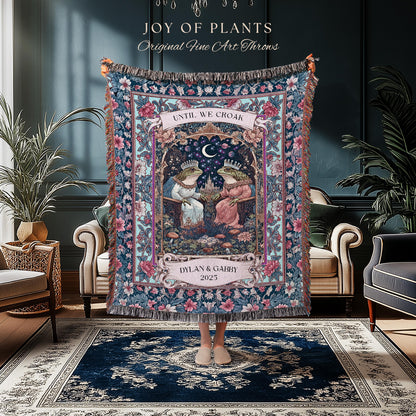 Folklore Frog Lovers Personalized Blanket | Pastel Wedding Gift Woven Throw Custom Name Tapestry Woodland Toad Couple Gift for Girlfriend |
