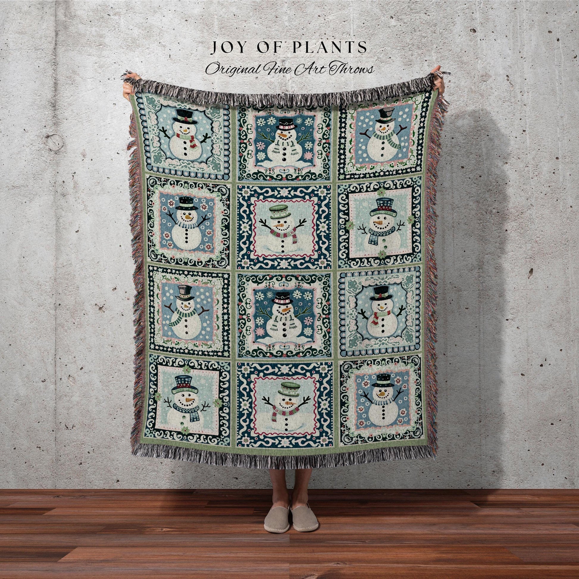 Whimsical Snowman Folk Art Blanket Cozy Boho Blue Cute Winter Tapestry Throw | Festive Holiday Patchwork Retro Cottagecore Christmas Decor