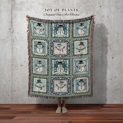 Whimsical Snowman Folk Art Blanket Cozy Boho Blue Cute Winter Tapestry Throw | Festive Holiday Patchwork Retro Cottagecore Christmas Decor
