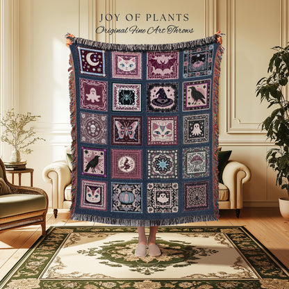 Folklore Muted Mauve Cotton Throw Blanket | Cozy Whimsigoth Halloween Tapestry Light Academia Cottagecore Bedroom Spooky Season Fairycore |