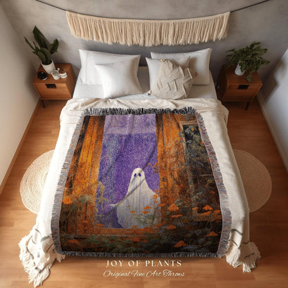 Pastel Goth Art Floral Ghost Blanket Woven Throw | Macabre Wall Art Plant Lover Decor Spooky Ghost Tapestry Gift for Goth Dark Cottagecore |