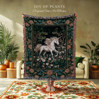 Storybook Aesthetic Mystic Unicorn Blanket | Colorful Maximalist Woven Tapestry Whimsical Victorian Fairycore Ethereal Medieval Woodland |