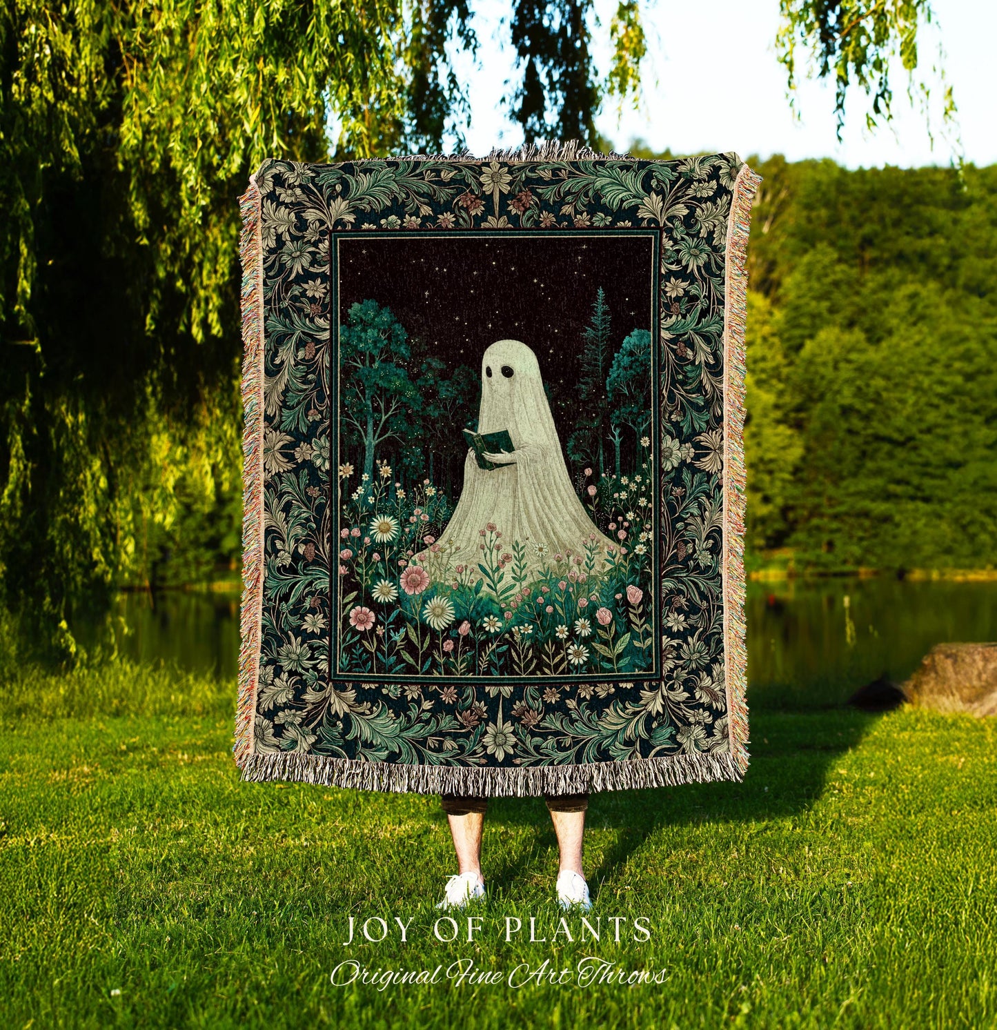 Haunted Book Ghost Wall Tapestry | Gothic Woven Spooky Cute Decor Halloween Aesthetic Cozy Reading Nook Forest Spirit Botanical Ethereal |