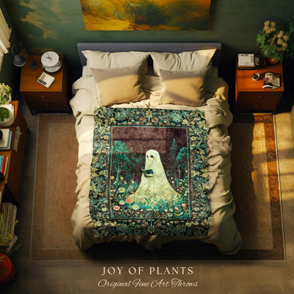 Haunted Book Ghost Wall Tapestry | Gothic Woven Spooky Cute Decor Halloween Aesthetic Cozy Reading Nook Forest Spirit Botanical Ethereal |