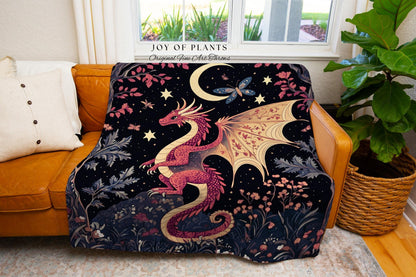 Cozy Gothic Dragon Woven Blanket | Celestial Aesthetic Magical Moonlit Mythical Creature Decor Cozy Rustic Medieval Wall Hanging Art Mystic