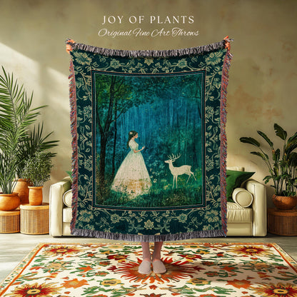 Spirit Animal Magic Forest Blanket | Woodland Folklore Woven Tapestry Spiritual Meaning Wall Art Enchanted Woods Throw Botanical Whimsical |