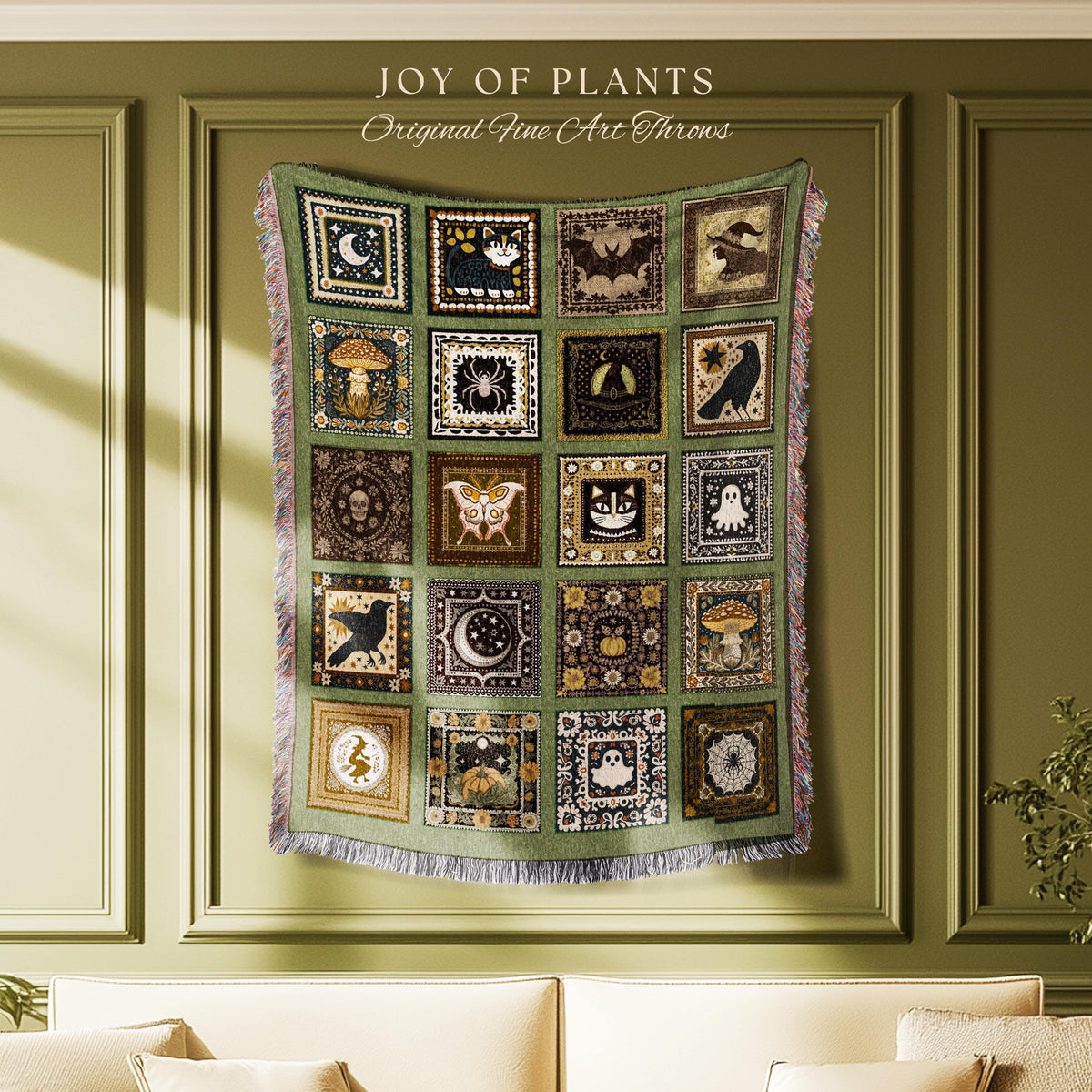 Olive Green Witchy Woven Throw Blanket | Halloween Witchcore Accent Whimsigoth Bedroom Tapestry Cozy Gothic Decor Gift for Cute Spooky Home