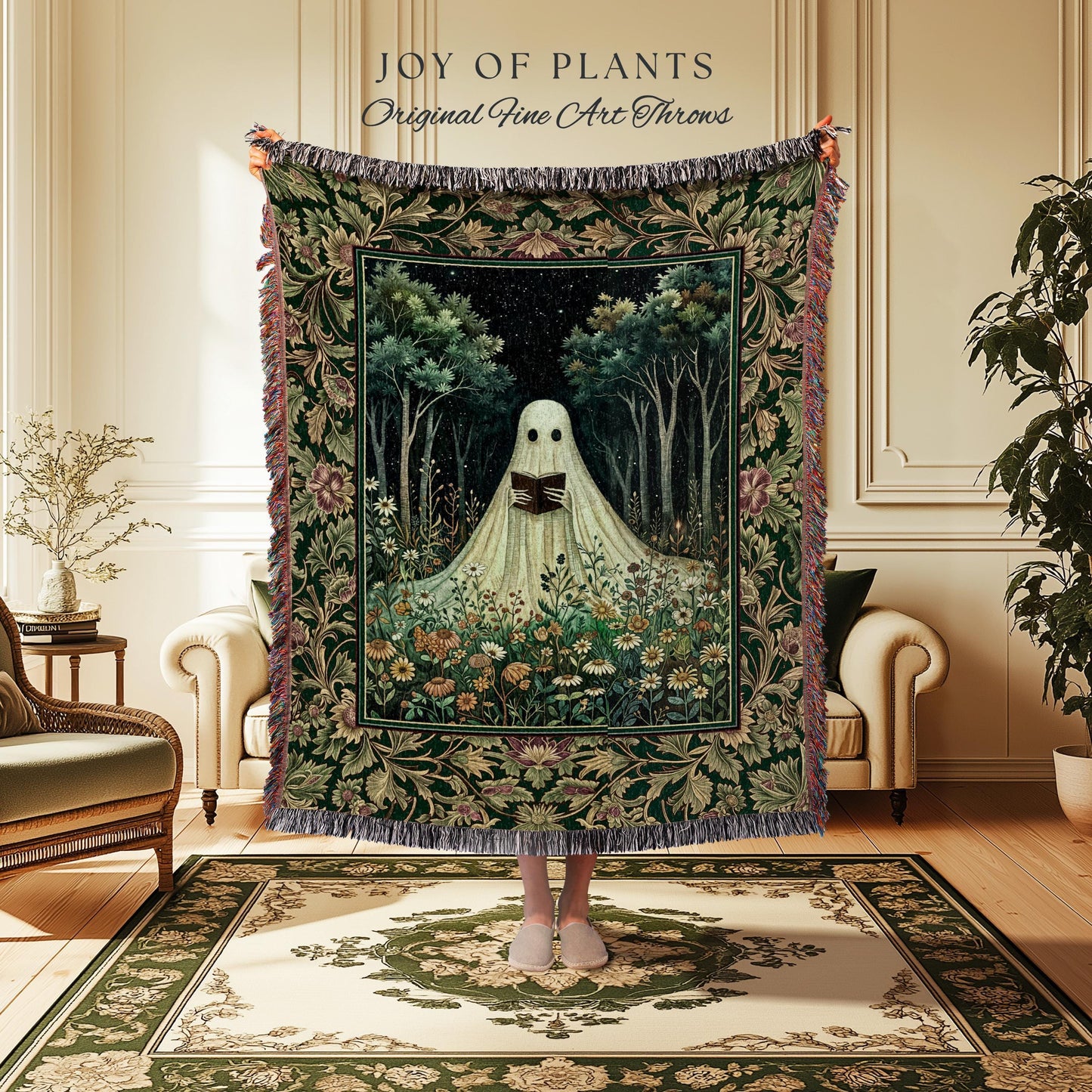 Reading Ghost Wildflower Tapestry Blanket | Gothic Decor Goth Lover Gift Cozy Home Halloween Decoration Fall Accent Botanical Spirit Witchy