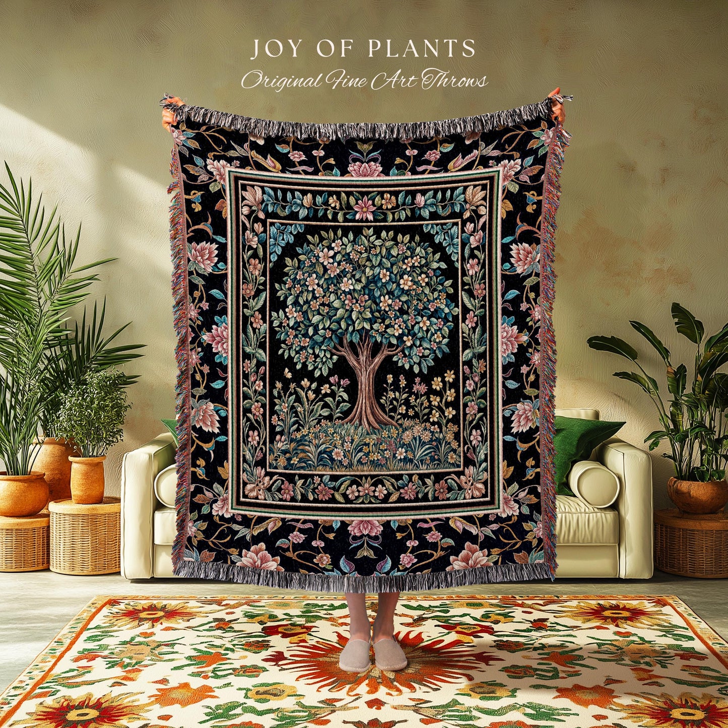 Eclectic Whimsy Tree of Life Woven Throw Blanket Jacquard Tapestry