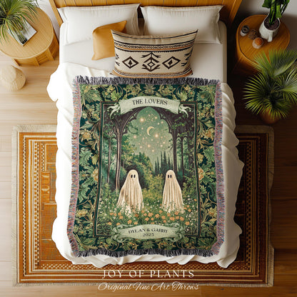Celestial Ghost Lovers Custom Blanket | Spooky Romantic Sage Green Wedding Ethereal Witchy Aesthetic Moonlit Woven Tapestry Personalized |