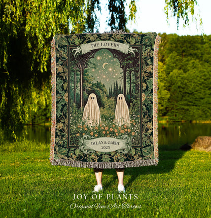 Celestial Ghost Lovers Custom Blanket | Spooky Romantic Sage Green Wedding Ethereal Witchy Aesthetic Moonlit Woven Tapestry Personalized |
