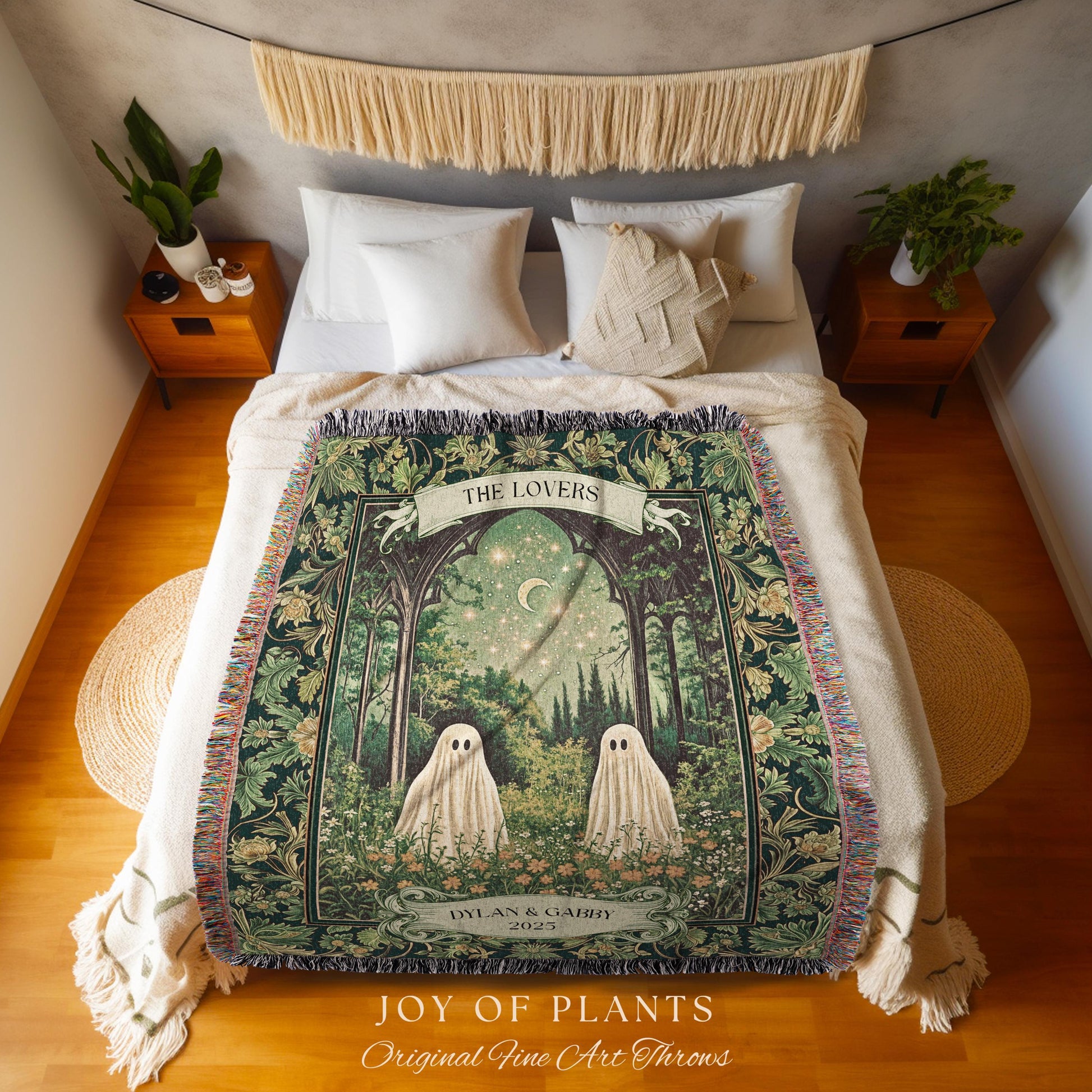 Celestial Ghost Lovers Custom Blanket | Spooky Romantic Sage Green Wedding Ethereal Witchy Aesthetic Moonlit Woven Tapestry Personalized |