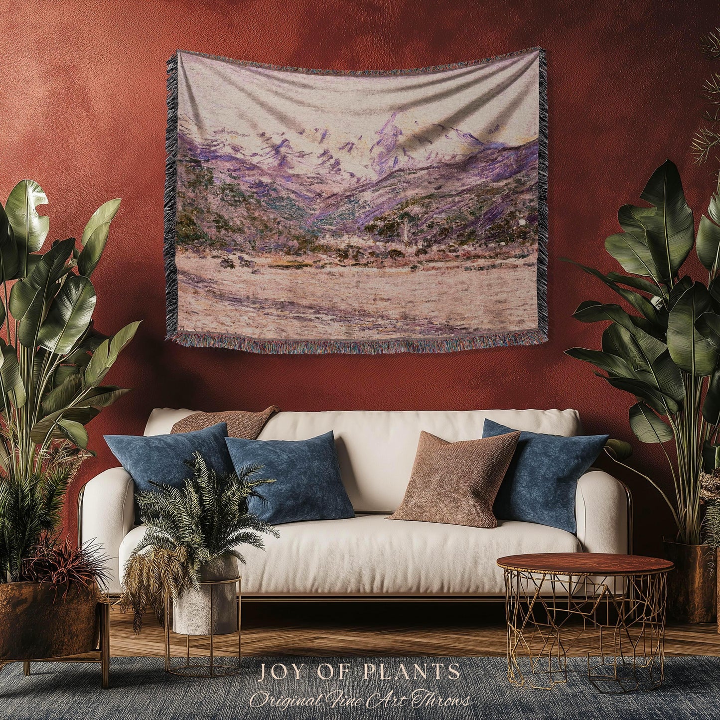 The Mountains in the Creuse Blanket Monet Fine Art Tapestry Throw | Serene Mountain Landscape Soft Muted Earthy Tones Cottagecore Blanket