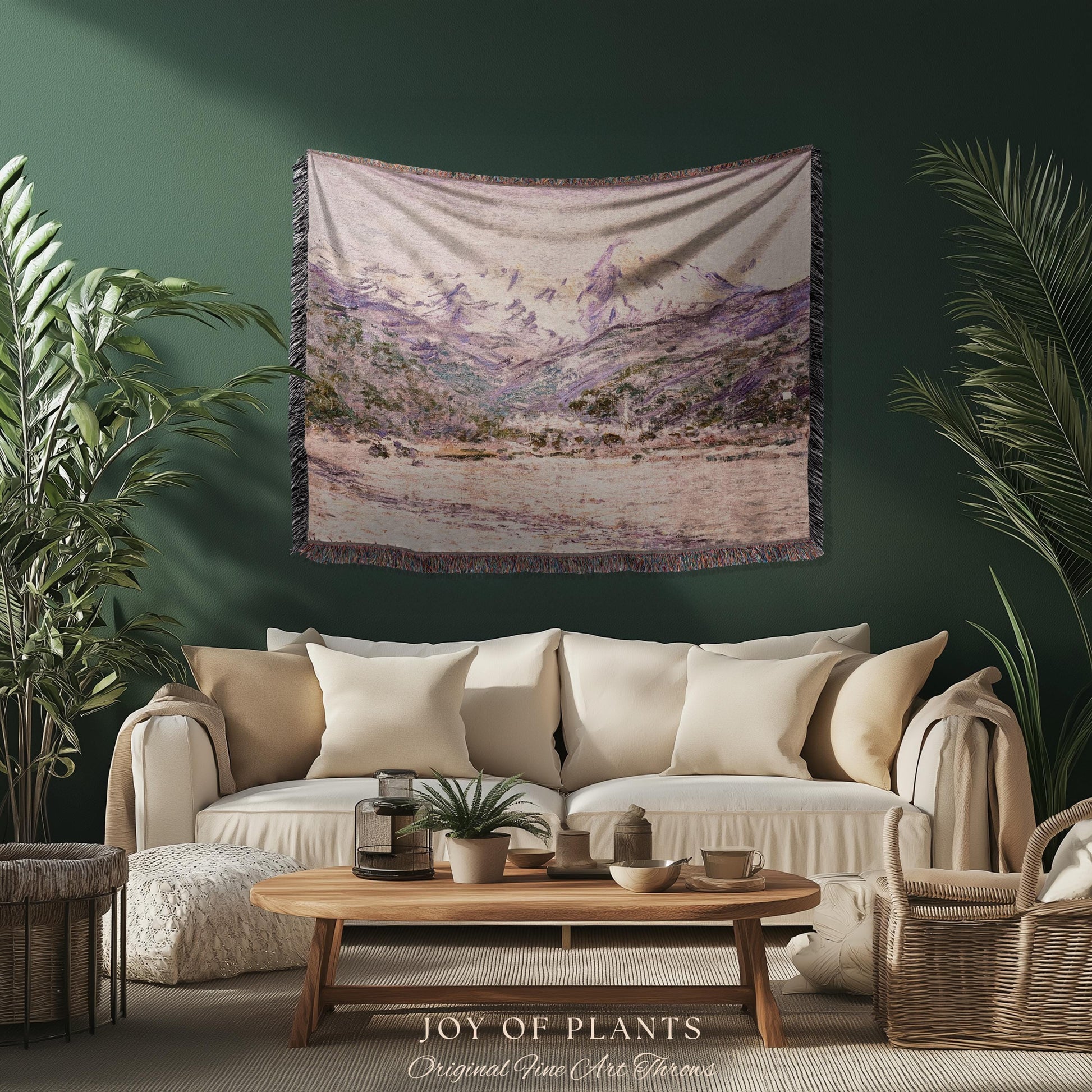 The Mountains in the Creuse Blanket Monet Fine Art Tapestry Throw | Serene Mountain Landscape Soft Muted Earthy Tones Cottagecore Blanket
