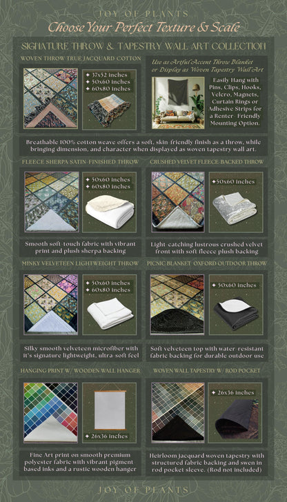 The image is a collection of various textures and materials, including true jacquet cotton, woven throw and tapestry wall art, and other decorative elements.