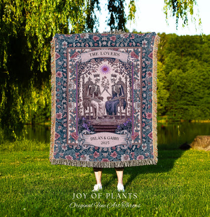 Rustic Pastel Floral Couple Blanket Custom | Witchy Personalized Skeleton Lovers Sentimental Wedding Throw Gothic Anniversary Gift Baroque