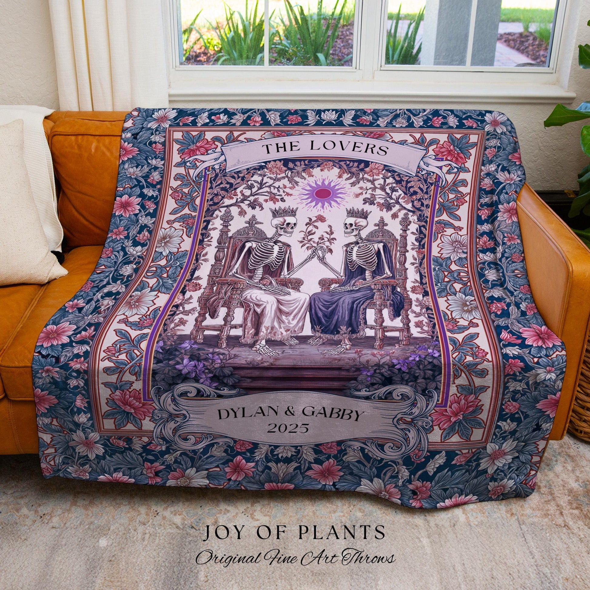 Rustic Pastel Floral Couple Blanket Custom | Witchy Personalized Skeleton Lovers Sentimental Wedding Throw Gothic Anniversary Gift Baroque