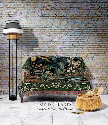 Jungle Leaves Botanical Woven Tapestry | Tropical Jungle Nature Lover Book Nook Cozy Plant Lover Boho Bedroom Decor Elegant Woven Blanket |
