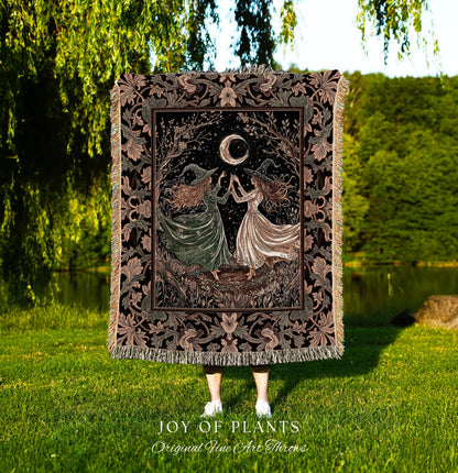 Witch Sisters Under Autumn Moon Blanket | Whimsigoth Mystic Cottagecore Throw Witchcraft Decor Dark Academia Wall Tapestry Celestial Magic