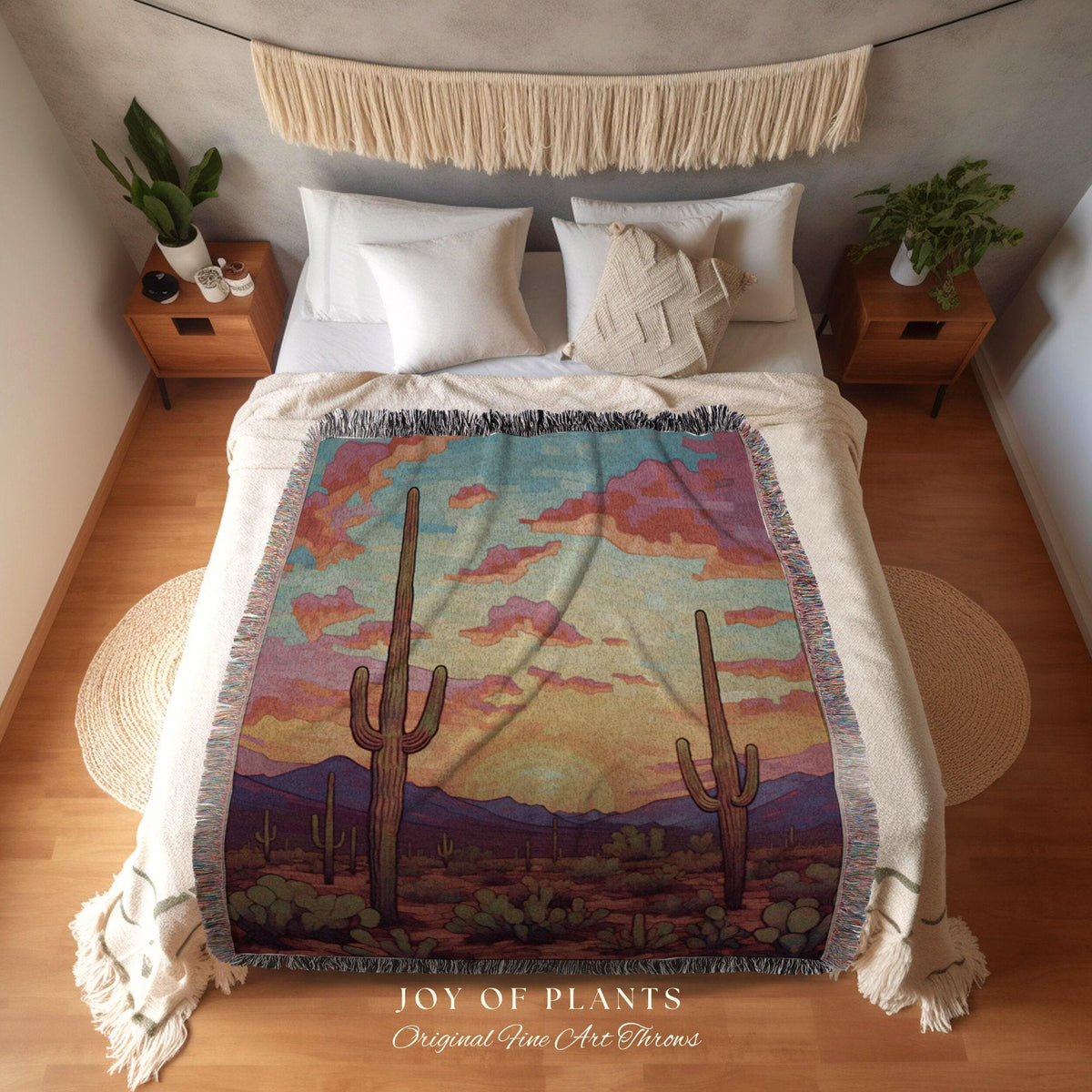 Southwestern Sunrise Tapestry | Whimsical Home Decor Housewarming Gift Blanket Cactus Aesthetic Blanket Woven Tapestry Southwest Landscape |
