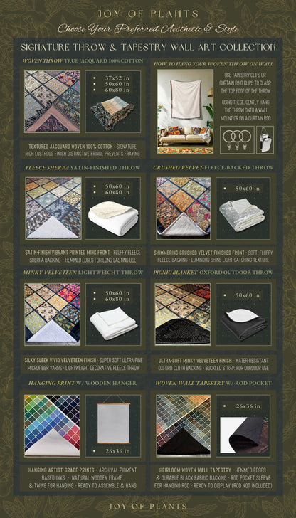 The image is a collection of various textiles and fabrics, including throw blankets, tapestries, and wall art, arranged in a grid format.