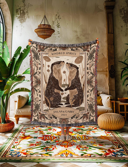 Personalized Otter Couple Throw Blanket | Whimsical Dating Anniversary Custom Established Date Blanket Significant Otters Gift Cute Tapestry