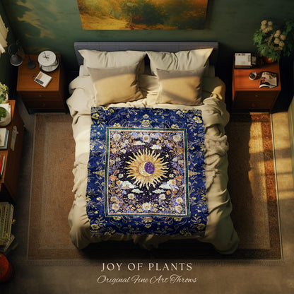 Cosmic Whimsy Fairycore Tapestry | Ethereal Sun Blanket Woven Throw Celestial Bedroom Floral Tarot Theme Sun and Moon Colorful Maximalist