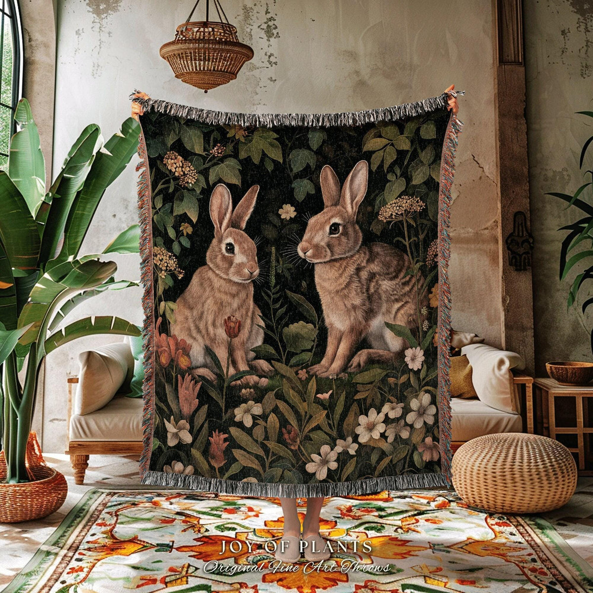 Maximalist Woodland Blanket Woven | Rabbit Tapestry Boho Room Decor Bunny Aesthetic Dark Academia Throw Spring Decoration Bunnies