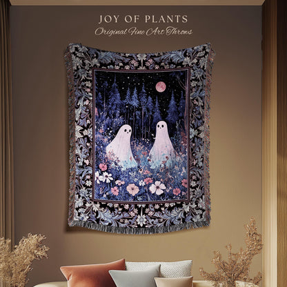 Violet Night Ethereal Ghost Throw Blanket | Moonlit Floral Halloween Throw Gothic Pastel Ghost Tapestry Whimsigoth Cottagecore Cozy Fall |