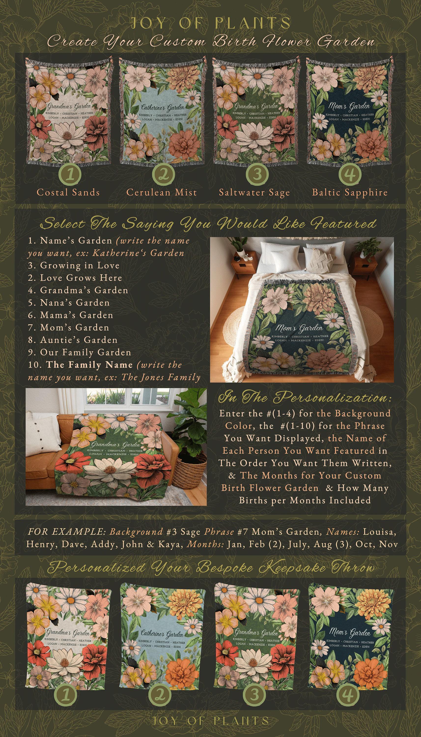 Grandma's Garden Birth Flower Blanket | Gift for Grandparents Custom Family Name Blanket Personalized Birth Month Flower Throw Blanket Woven