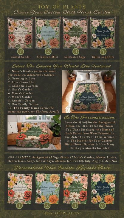 Grandma's Garden Birth Flower Blanket | Gift for Grandparents Custom Family Name Blanket Personalized Birth Month Flower Throw Blanket Woven