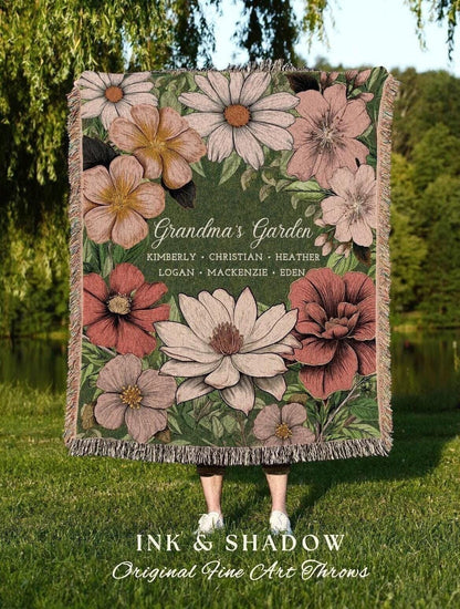 Grandma's Garden Birth Flower Blanket | Gift for Grandparents Custom Family Name Blanket Personalized Birth Month Flower Throw Blanket Woven
