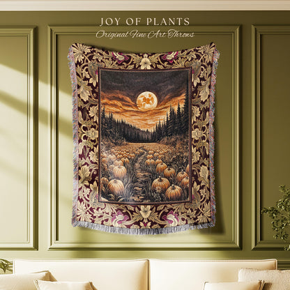 Autumn Night Sky Rustic Fall Throw | Cozy Spooky Pumpkin Vibes Midnight Landscape Decor Whimsigoth Aesthetics Dark Academia Woven Tapestry