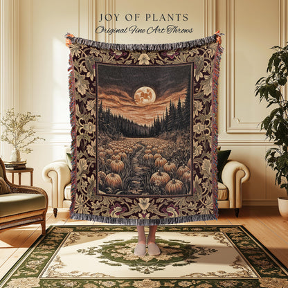Autumn Night Sky Rustic Fall Throw | Cozy Spooky Pumpkin Vibes Midnight Landscape Decor Whimsigoth Aesthetics Dark Academia Woven Tapestry