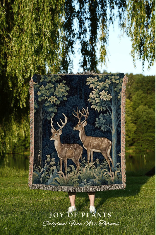 Deer Blanket Cottagecore Throw | William Morris inspired Throw Blanket Vintage Forestcore Woodland Aesthetic Decor Woven Throw Deer Tapestry