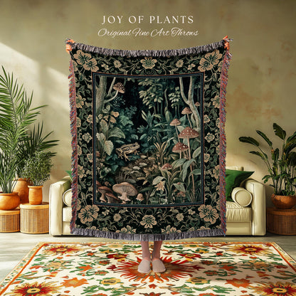 Magical Mushroom Folklore Forest Blanket | Cute Woodland Woven Tapestry for Bedroom Goblincore Forest Woodland Whimsy Toadstool Aesthetic |