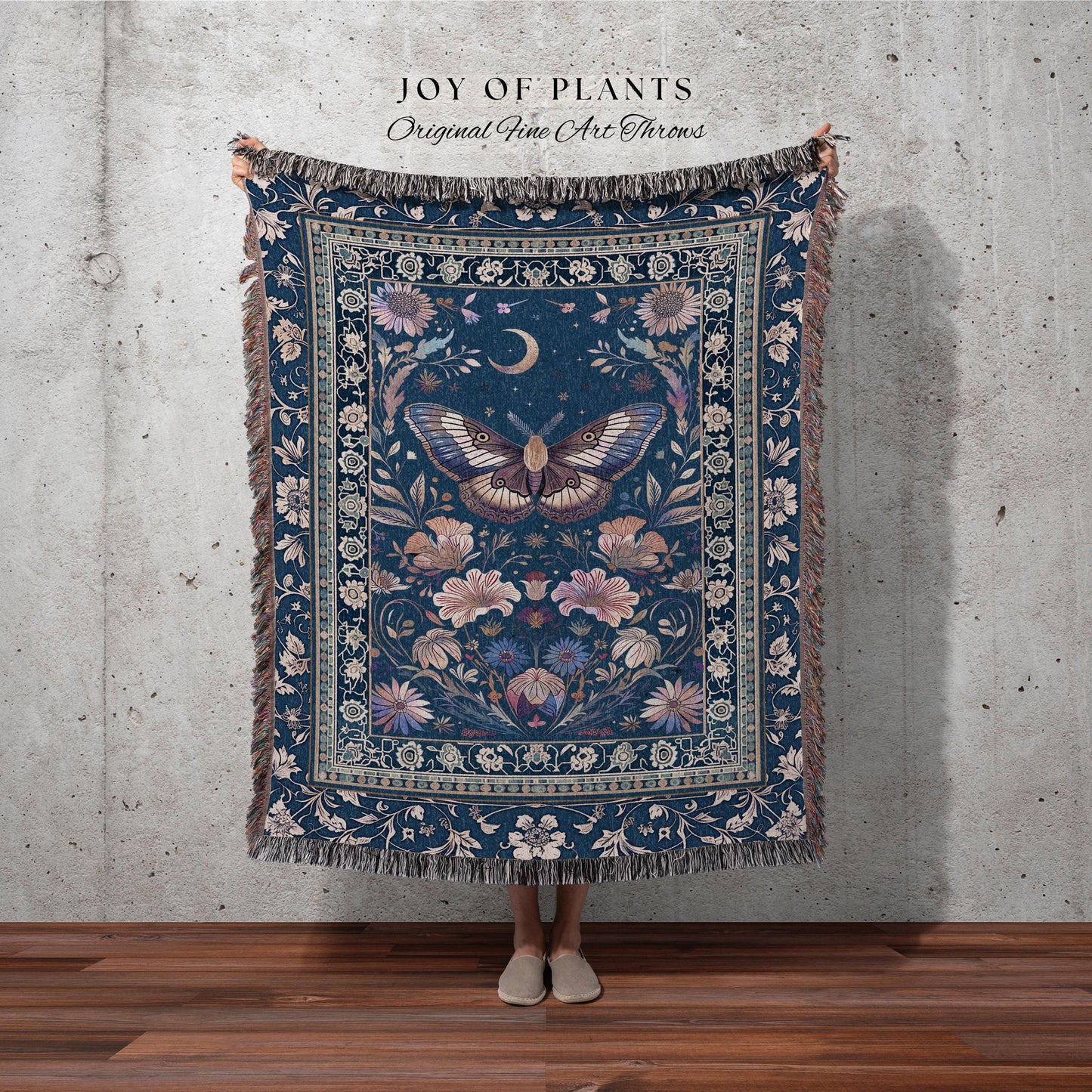 Amethyst Celestial Moth Blanket | Witchy Ethereal Bohemian Butterfly Coverlet Woven Tapestry Blanket Pea Flower Purple Dark Cottagecore Home