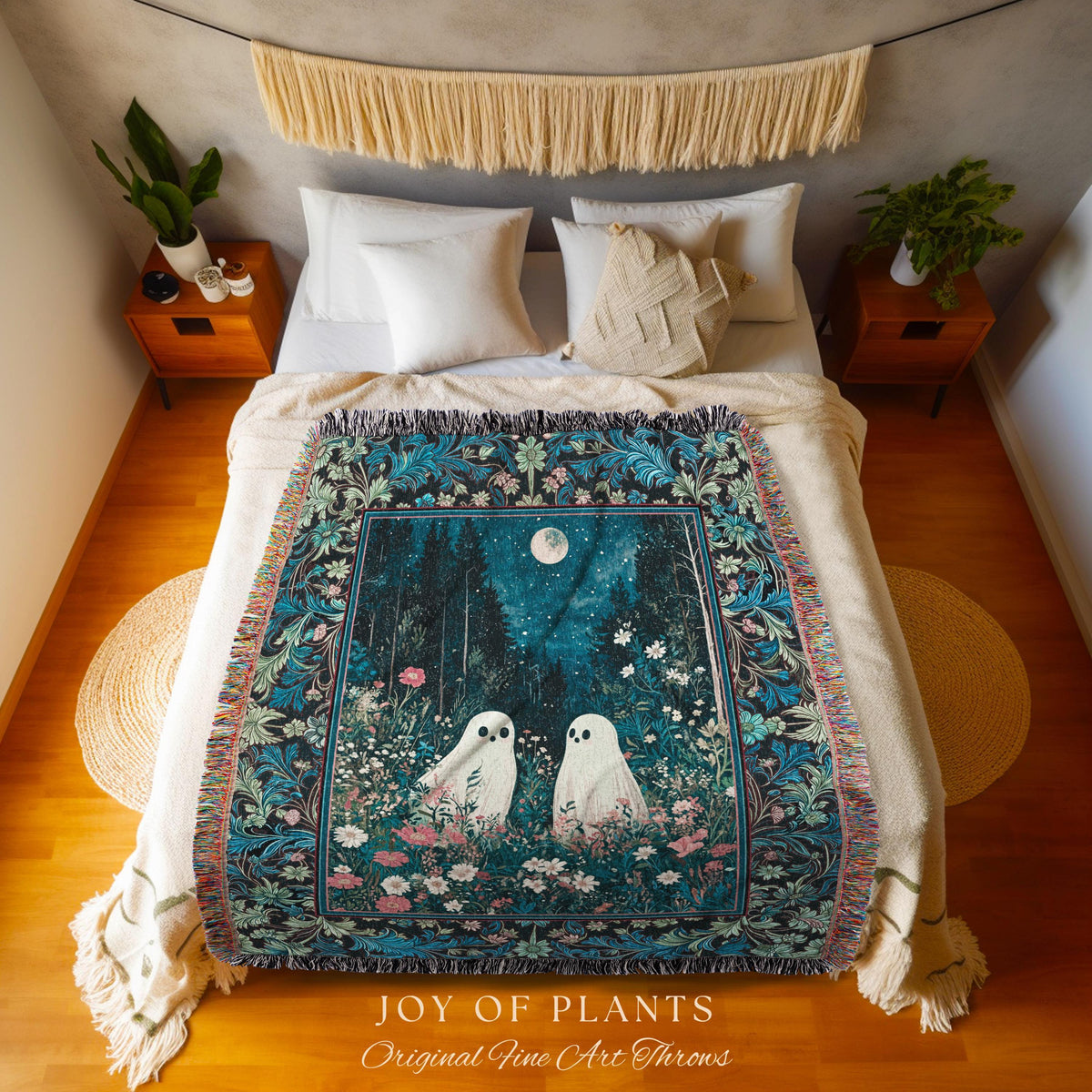 Moody Midnight Blue Ghosts Blanket | Woven Cottagecore Halloween Throw Floral Ghost Tapestry Cozy Fall Gothic Home Decor Moonlit Forest Art