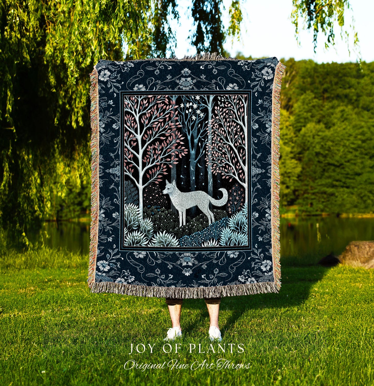 Earthy Colors Woodland Wolf Blanket | Bohemian Aesthetic Playful Pastel Nursery Tapestry Whimsical Forest Scandinavian Folklore Fairytale |