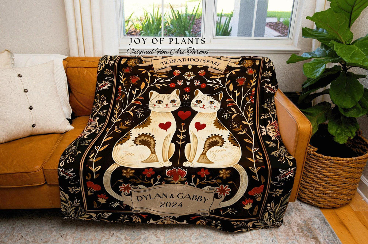 Cat Blanket 'Til Death do us Part' Personalized | Boho Aesthetic Woven Throw Custom His and Hers Gift for Cat Lover Scandinavian Tapestry |