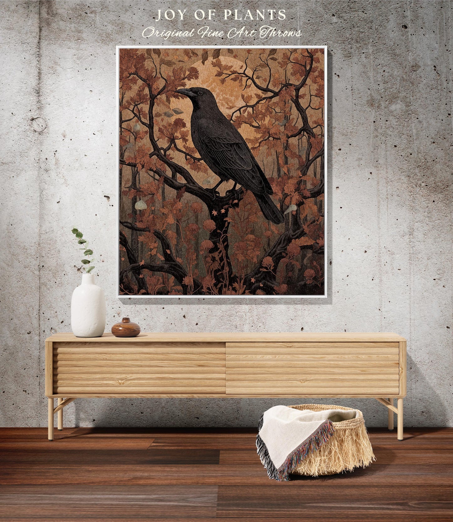 Gothic Grunge Woodland Crowcore Woven Throw Indie Room Decor | Rustic Farmhouse Style Shabby Chic Raven Tapestry Blanket Dark Cottagecore