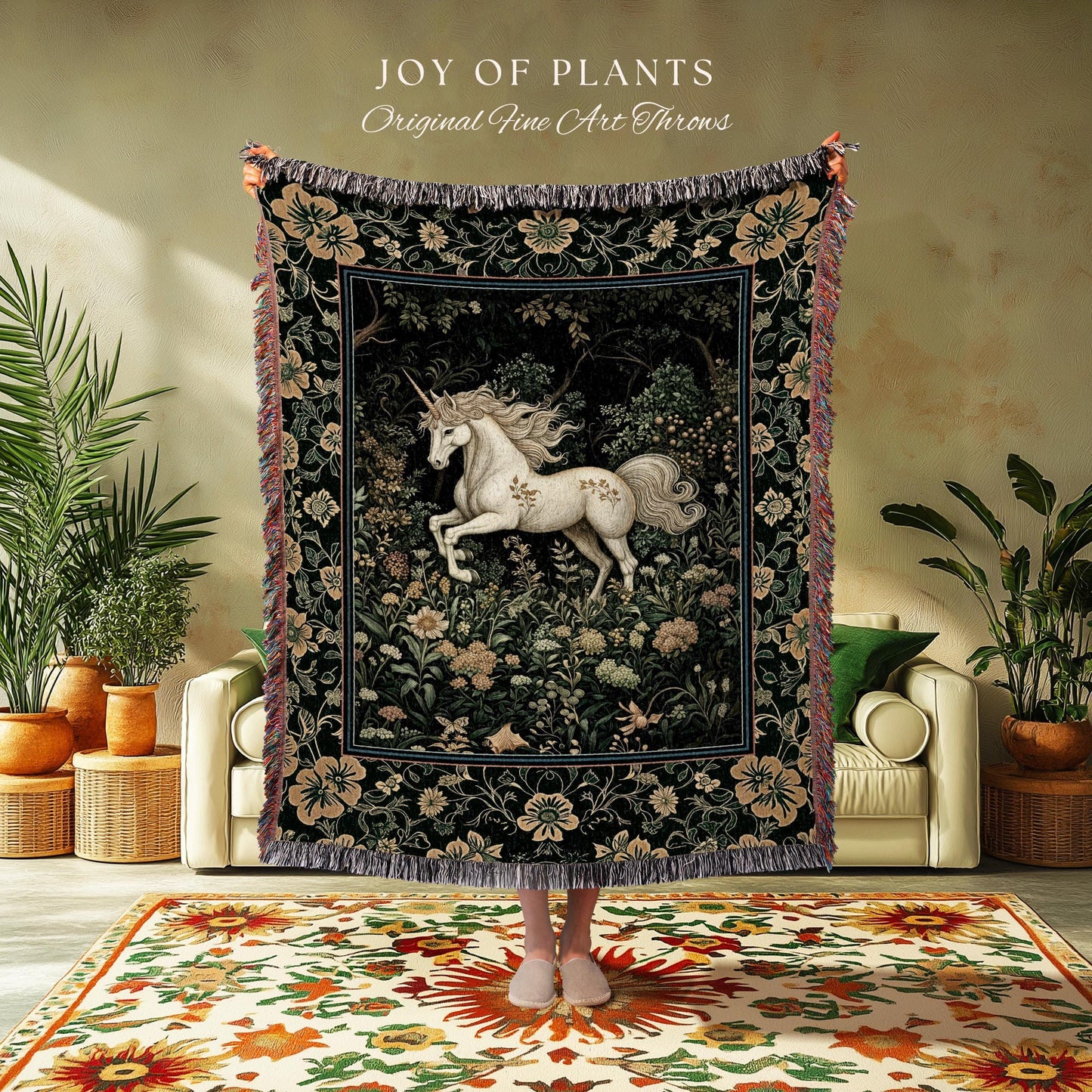 Earthy Ethereal Unicorn Throw Blanket | Whimsical Nature Fairytale Magic Medieval Woven Tapestry Woodland Aesthetic Storybook Nostalgic |