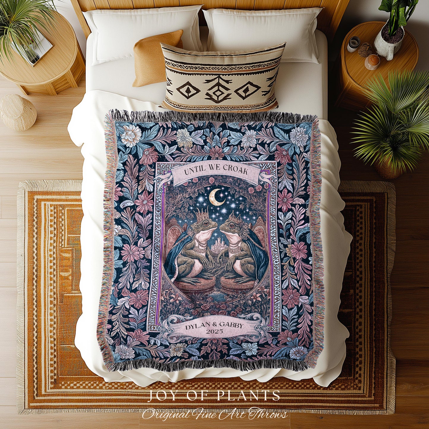 Royal Toad Lovers Personalized Blanket, Custom Name Frog Couple Gift Woven Throw Romantic Celestial Anniversary Tapestry Whimsical Keepsake