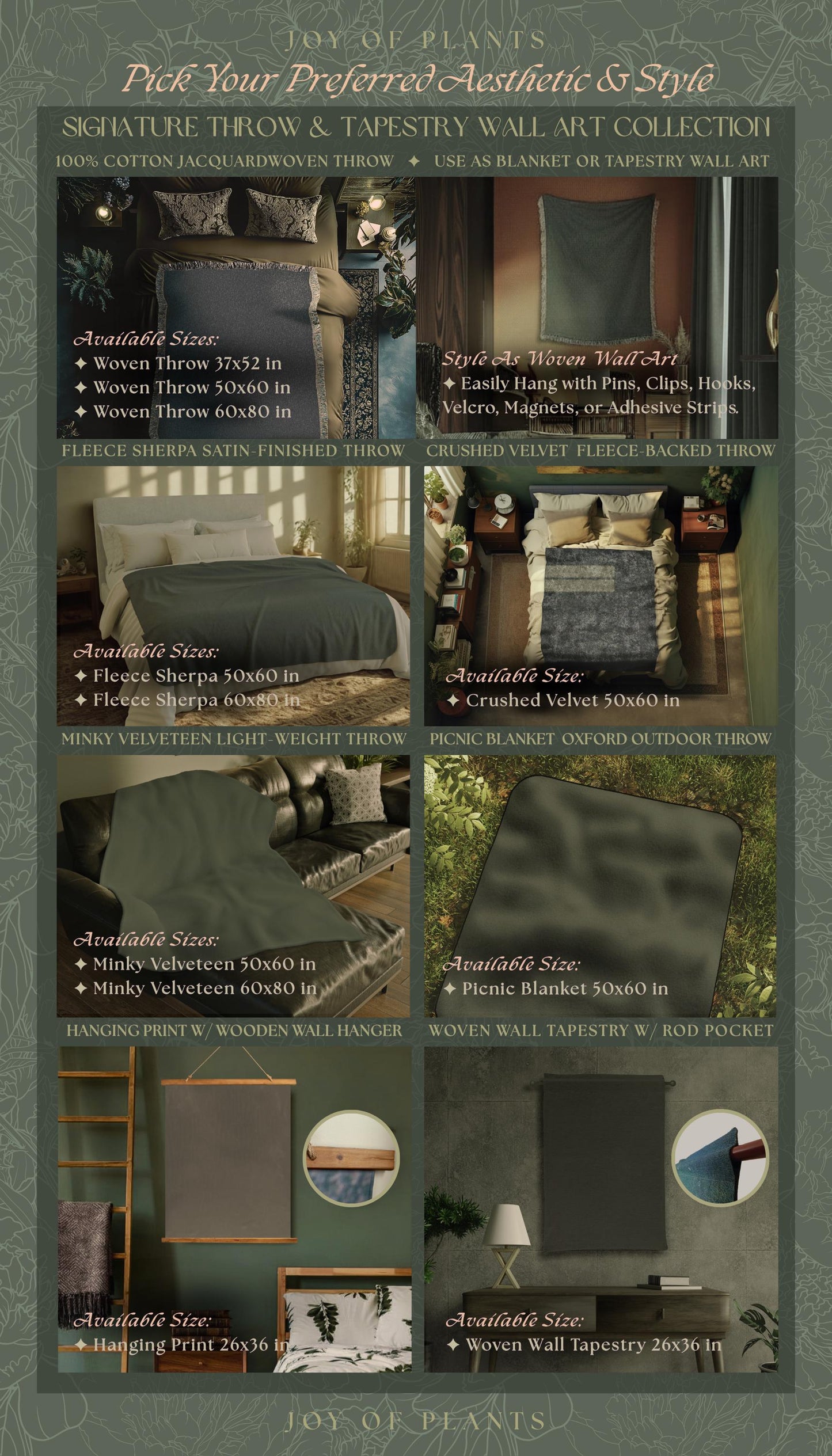 The image is a collage of six images showcasing various signature throw and tapestry wall art collections from Joy of Plants. The images feature different sizes and styles of throw and tapestry wall art, including woven throw and tapestry wall art, as well as hanging print and woven wall hangers.