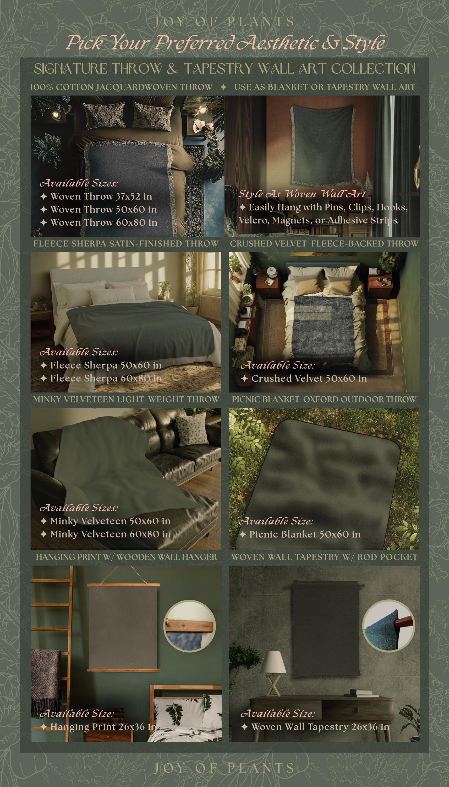 The image is a collage of six images showcasing various signature throw and tapestry wall art collections from Joy of Plants. The images feature different sizes and styles of throw and tapestry wall art, including woven throw and tapestry wall art, as well as hanging print and woven wall hangers.