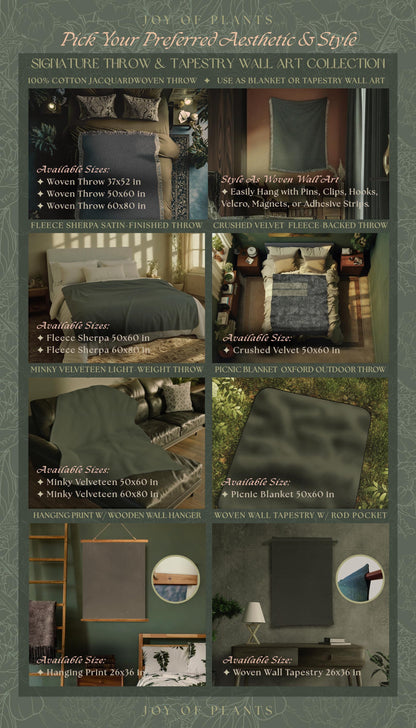 The image is a collage of six images showcasing various signature throw and tapestry wall art collections from Joy of Plants. The images feature different sizes and styles of throw and tapestry wall art, including woven throw and tapestry wall art, as well as hanging print and woven wall hangers.