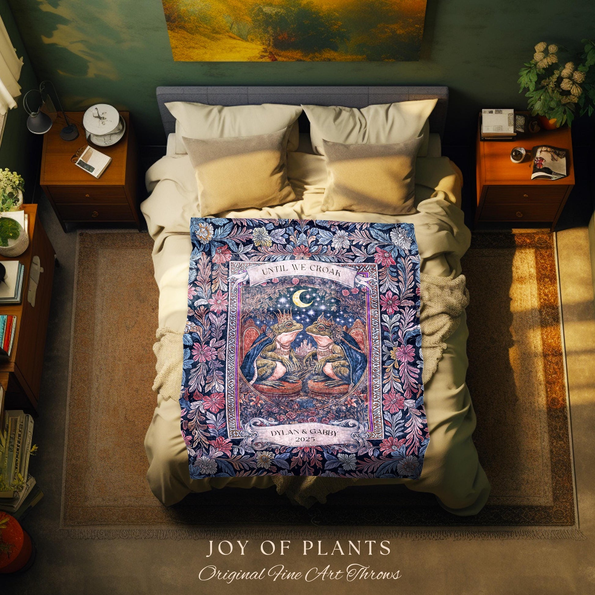 Royal Toad Lovers Personalized Blanket, Custom Name Frog Couple Gift Woven Throw Romantic Celestial Anniversary Tapestry Whimsical Keepsake